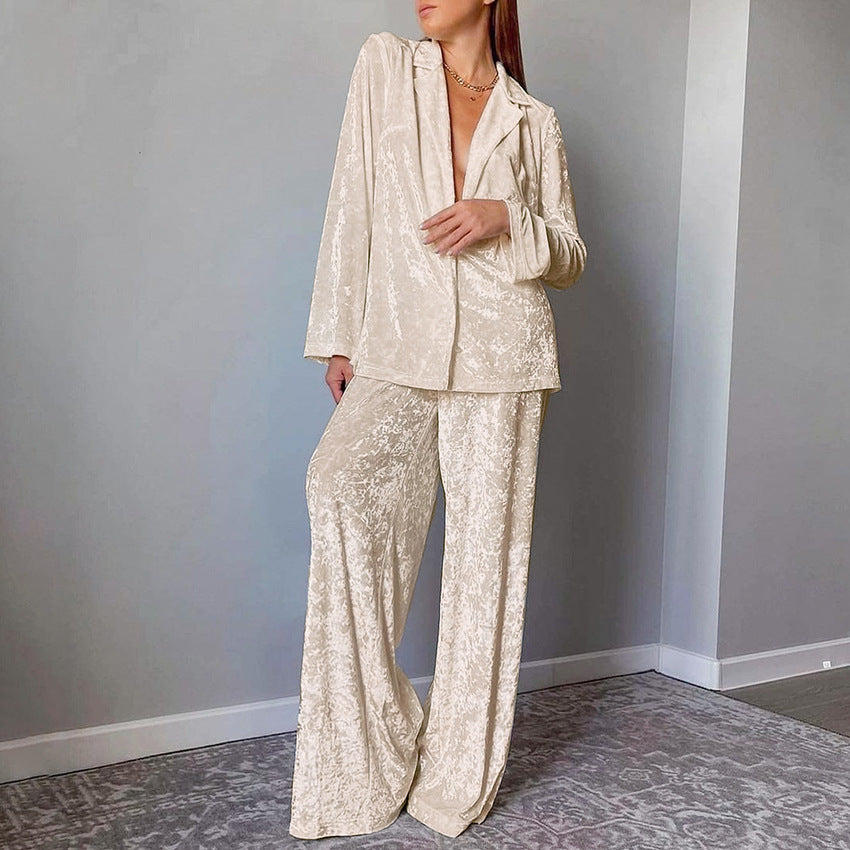 Dames Velvet Broekpak Lange Mouwen Shirt Tweedelig Set - Mode Vibes