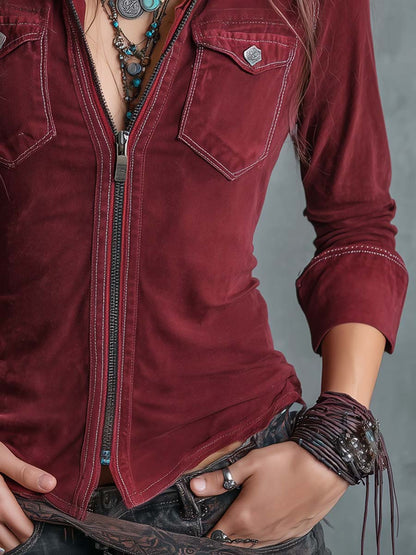 Vintage Zip-up Denim Shirt met Flapzakken