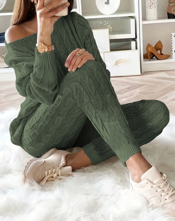 Dames Lounge Set Warm Kabel Patroon Legging en Top