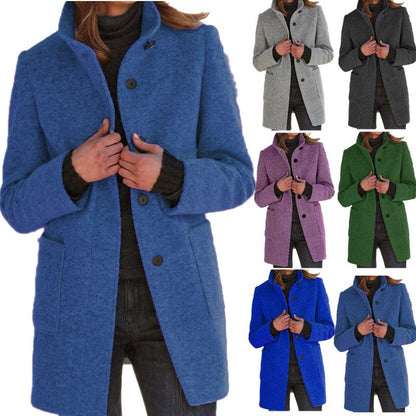 Dames Wollen Jas Elegante Opstaande Kraag Met Knopen