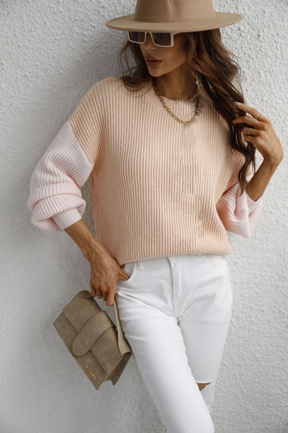 Dames Trui Ronde Hals met Contrasterende Mouwen Elegante Stijl