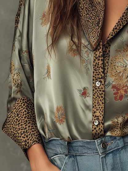 Satijnen Bloemenblouse met Luipaarddetails