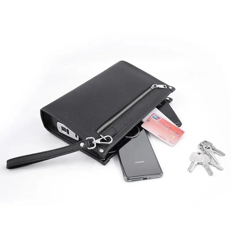 Heren Clutch van Echt Leer met Vingerafdrukslot Zwart Luxe Design
