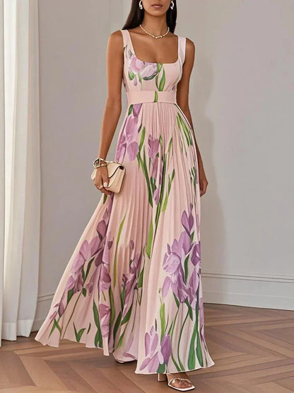 Nina – Dames Lange Plissé Jurk met Bloemenprint
