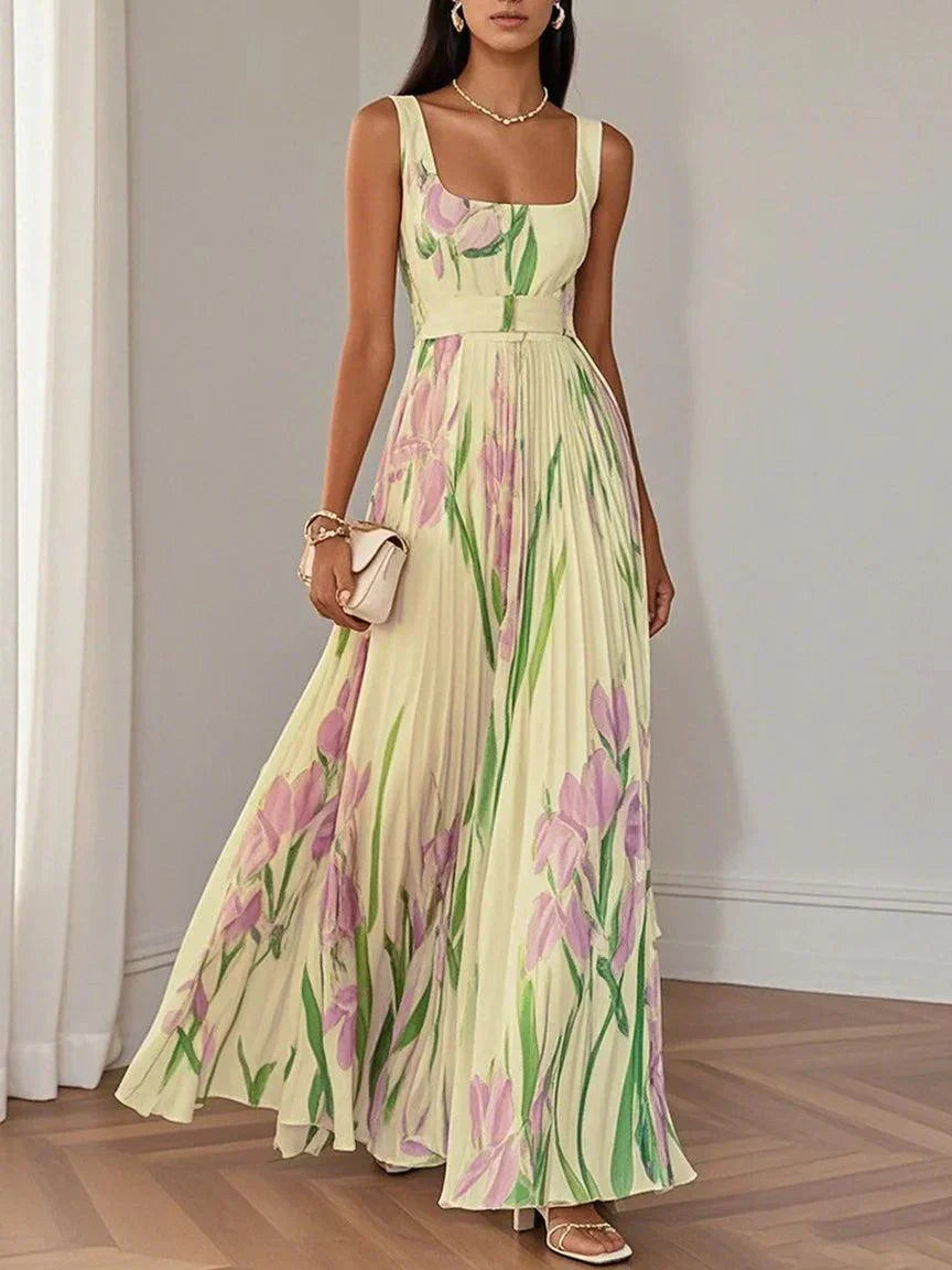 Nina – Dames Lange Plissé Jurk met Bloemenprint
