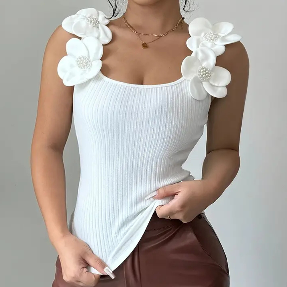 Vrouwelijke Zomer Top Wit Bloemen Mouwloos