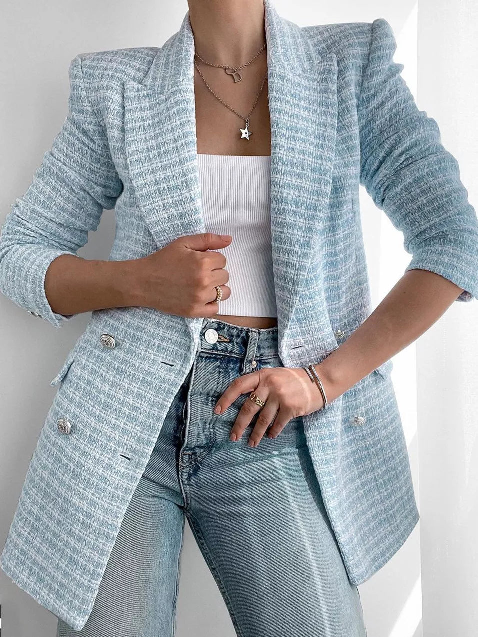 Lichtblauwe Damesblazer Modieus Elegant Model - Mode Vibes