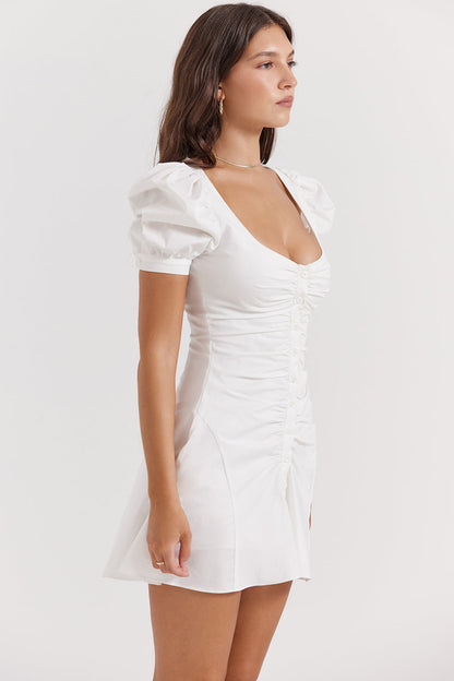 Robe blanche mini à manches bouffantes - Élégante - Mode-Mekot-EmiyoSuomi
