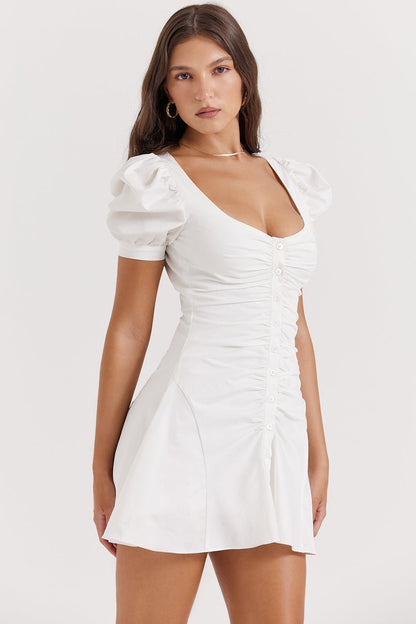 Robe blanche mini à manches bouffantes - Élégante - Mode-Mekot-EmiyoSuomi