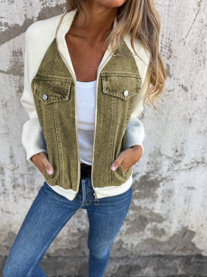 Dames Tussenjas Fleece Mouwen Trendy Blauwe Jeansjas