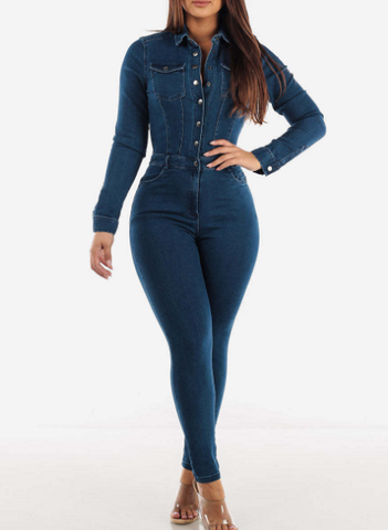 Donkergrijze Jumpsuit met Ceintuur en Jeans Stof - Mode Vibes