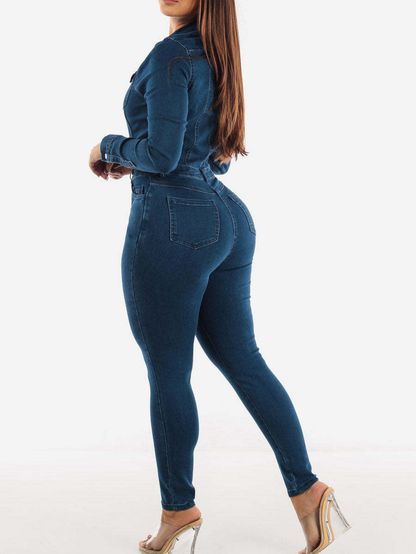 Donkergrijze Jumpsuit met Ceintuur en Jeans Stof