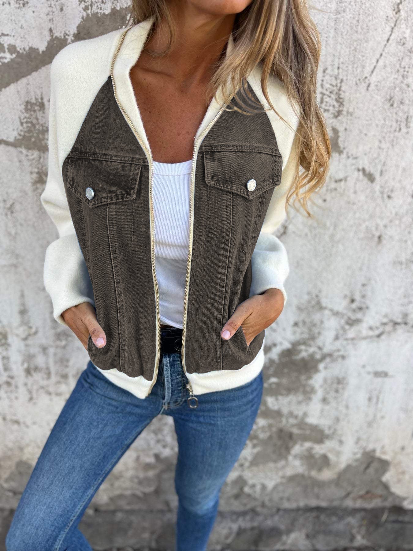 Dames Tussenjas Fleece Mouwen Trendy Blauwe Jeansjas