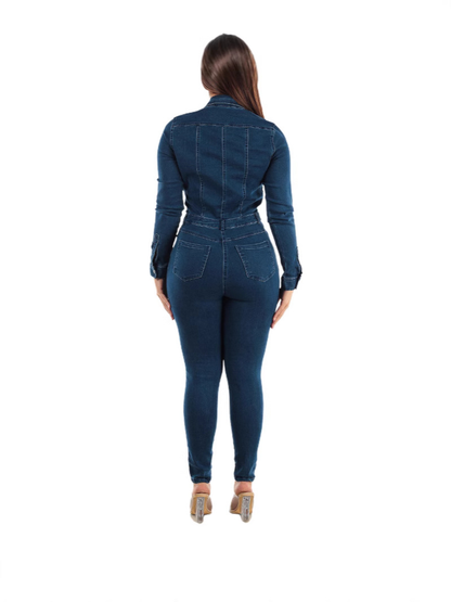 Donkergrijze Jumpsuit met Ceintuur en Jeans Stof