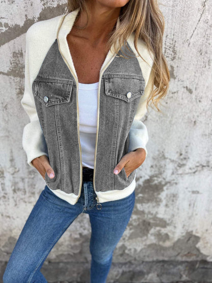 Dames Tussenjas Fleece Mouwen Trendy Blauwe Jeansjas