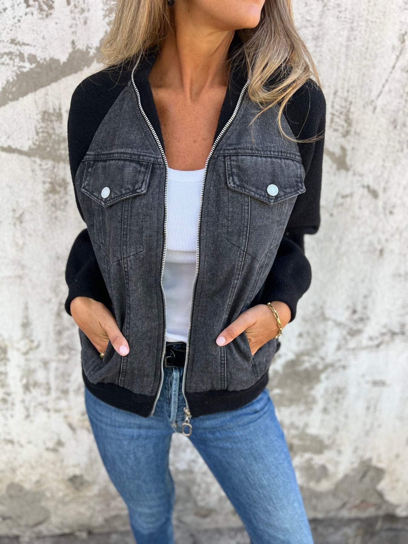 Dames Tussenjas Fleece Mouwen Trendy Blauwe Jeansjas