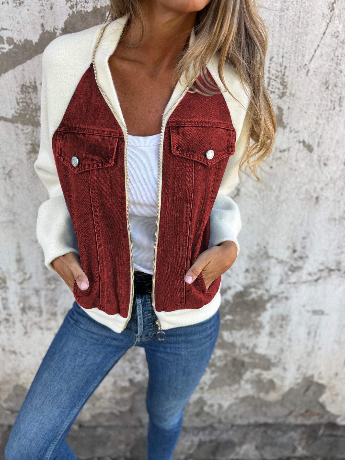 Dames Tussenjas Fleece Mouwen Trendy Blauwe Jeansjas