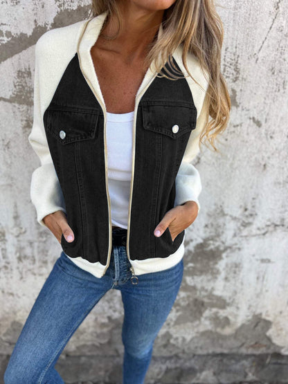Dames Tussenjas Fleece Mouwen Trendy Blauwe Jeansjas