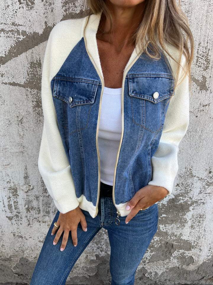 Dames Tussenjas Fleece Mouwen Trendy Blauwe Jeansjas