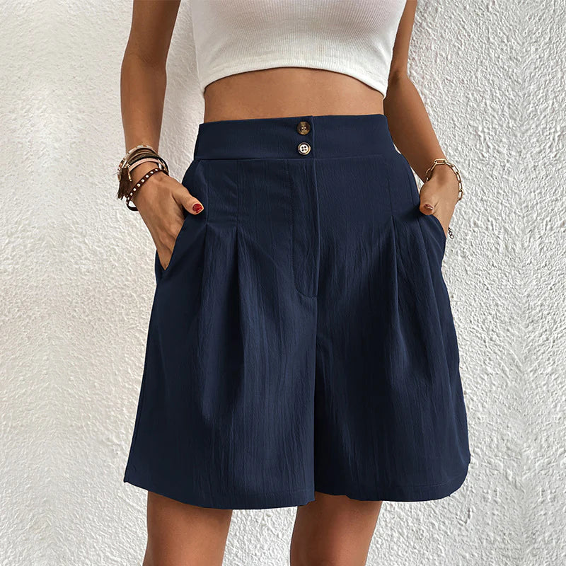 Korte High-Waist Broek met Plooien en Knoopsluiting