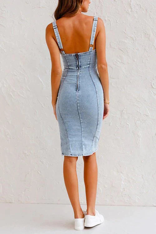 Denim Jurk met Verstelbare Bandjes Blauw Casual