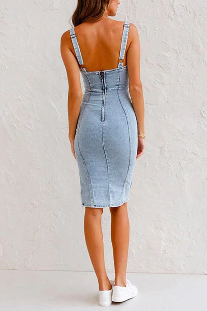 Denim Jurk met Verstelbare Bandjes Blauw Casual