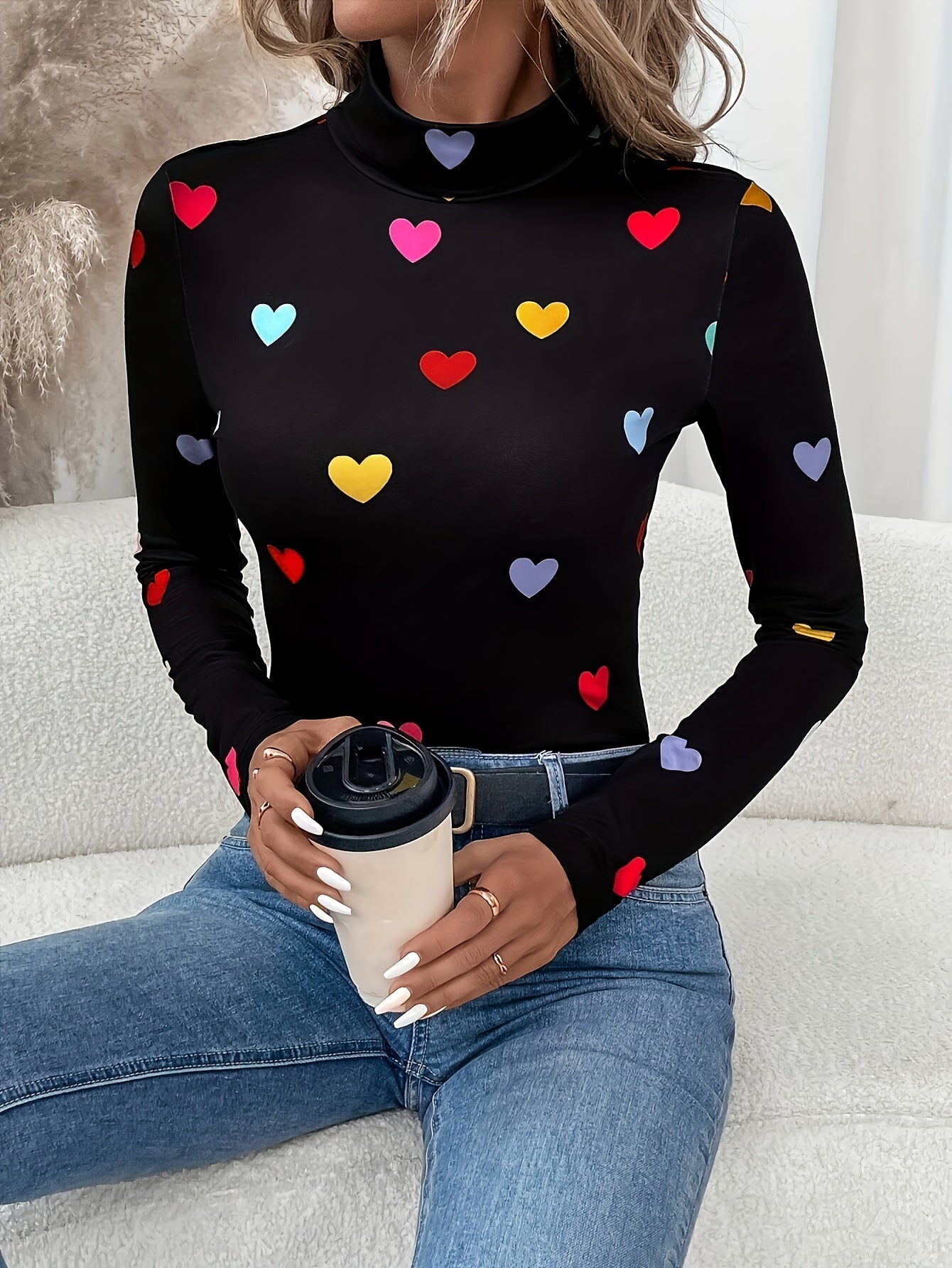 Valentijnsdag T-shirt Lange Mouw Hartjes Print Dame - Mode Vibes