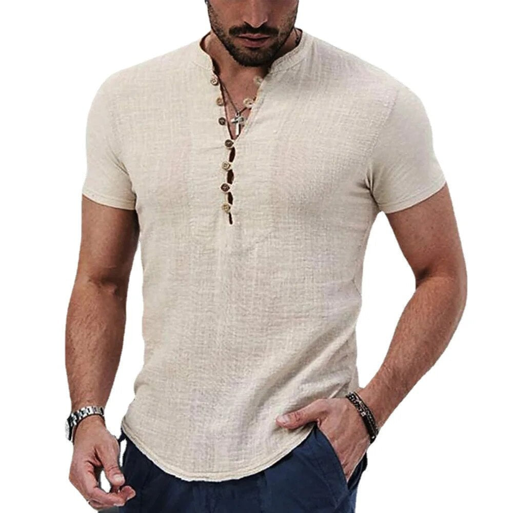 Jeroen | Katoenen linnen shirt met V-hals voor heren in de kleur Beige voor heren in stijl ideaal voor de lente.