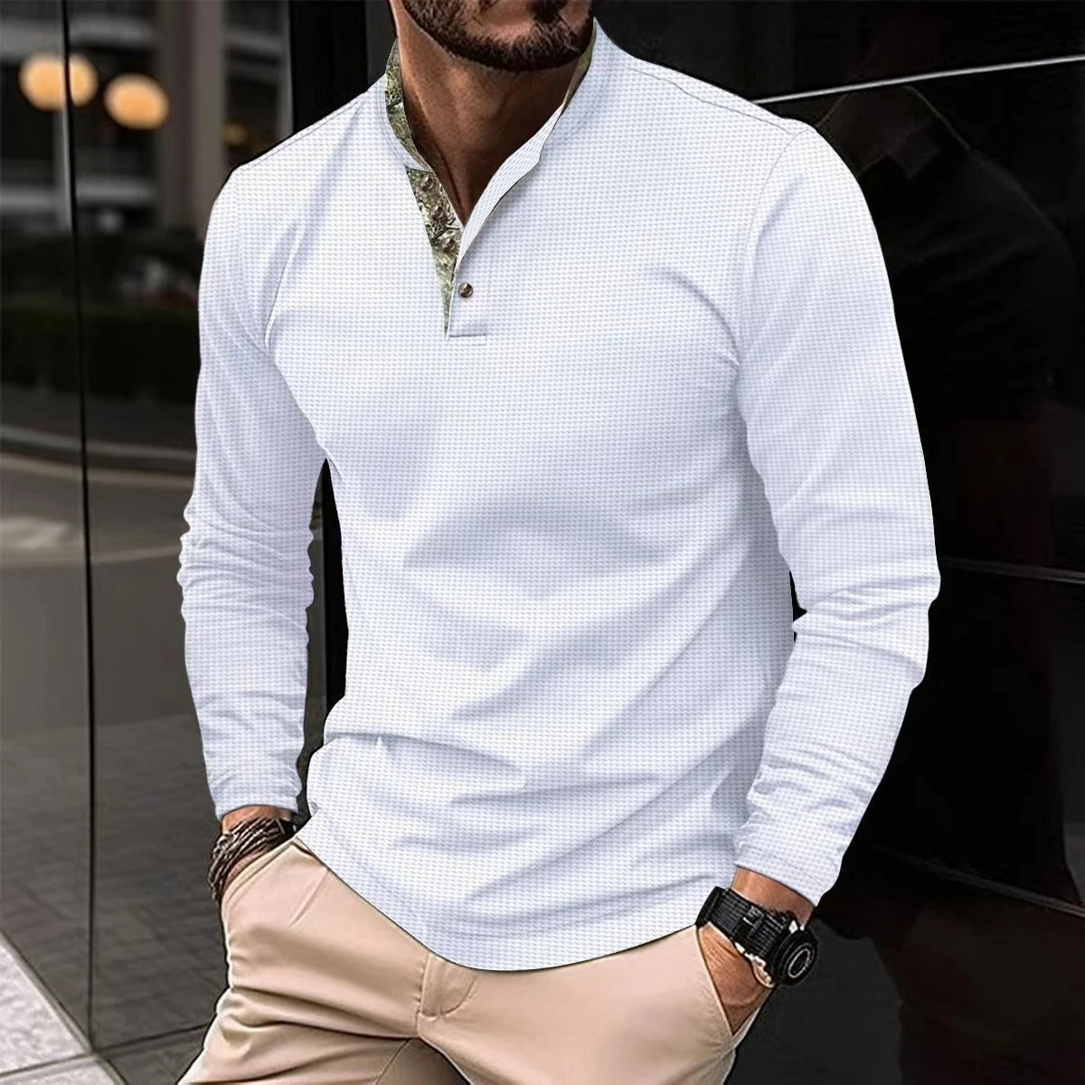 Joris | Stijlvolle longsleeve polo met gekleurde boordkraag in de kleur Wit voor heren in Smart-casual stijl geschikt voor alle seizoenen.