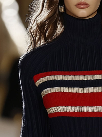 Dames Gebreide Jurk met Hoge Kraag en Rood-Witte Strepen – Retro Stijl