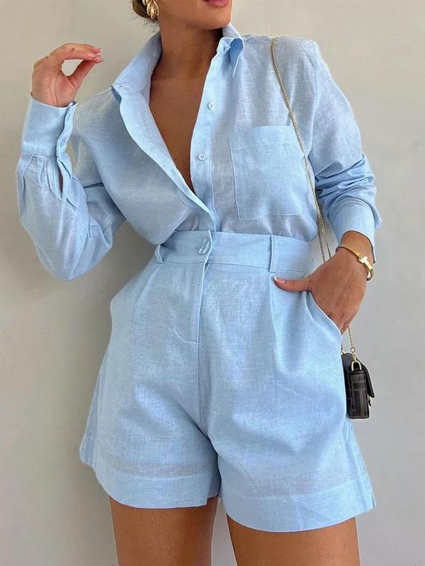 Velanora Linnen Korte Set | Chic Blauw Ensemble