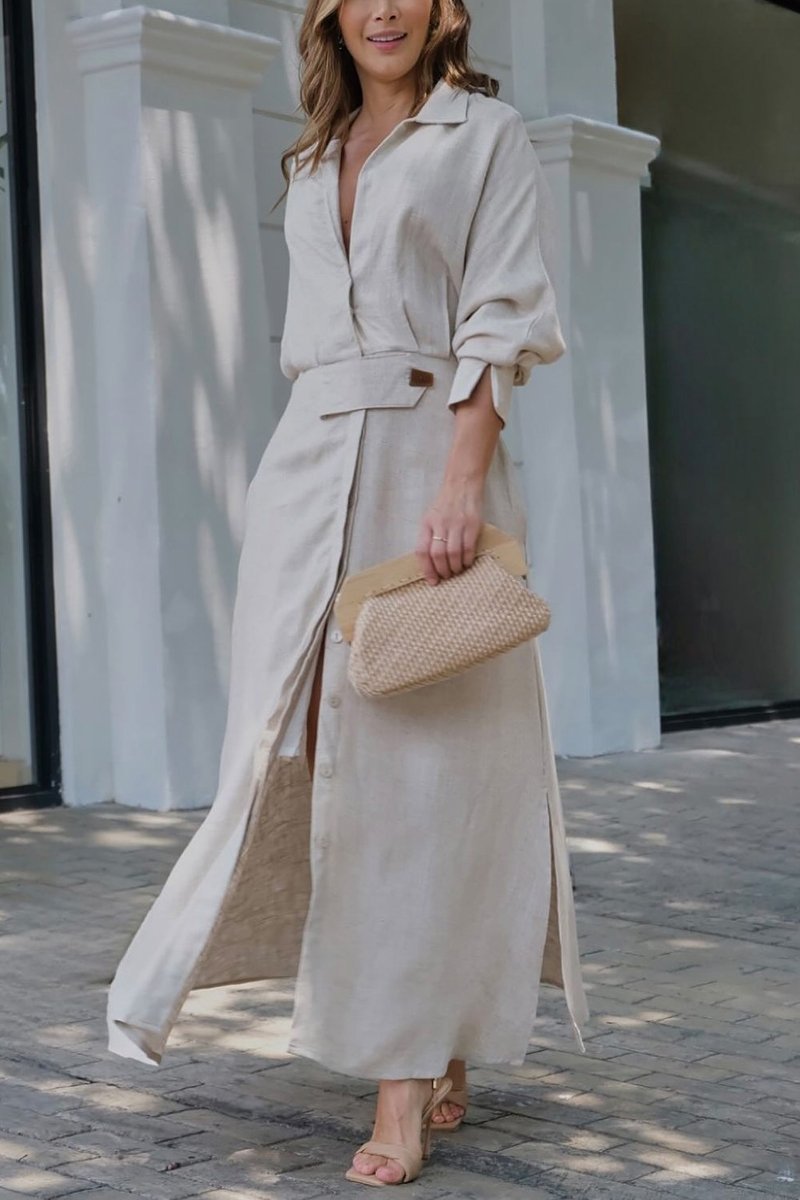 Dames maxi-jurk met v-hals en lange mouw - Mode Vibes
