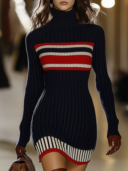 Dames Gebreide Jurk met Hoge Kraag en Rood-Witte Strepen – Retro Stijl