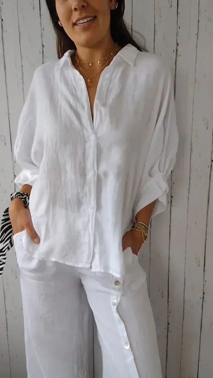 Vrouwelijke Katoenen Blouse met Knoopsluiting Linnen Look