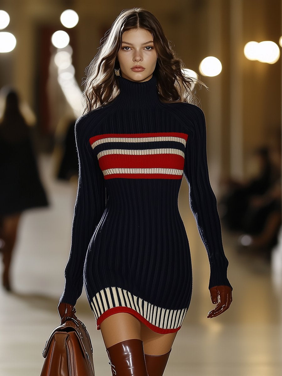 Dames Gebreide Jurk met Hoge Kraag en Rood-Witte Strepen – Retro Stijl