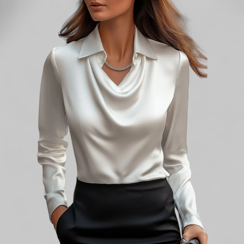 Isla Blouse met Gedrapeerde Hals – Dames Blouse met Lange Mouwen