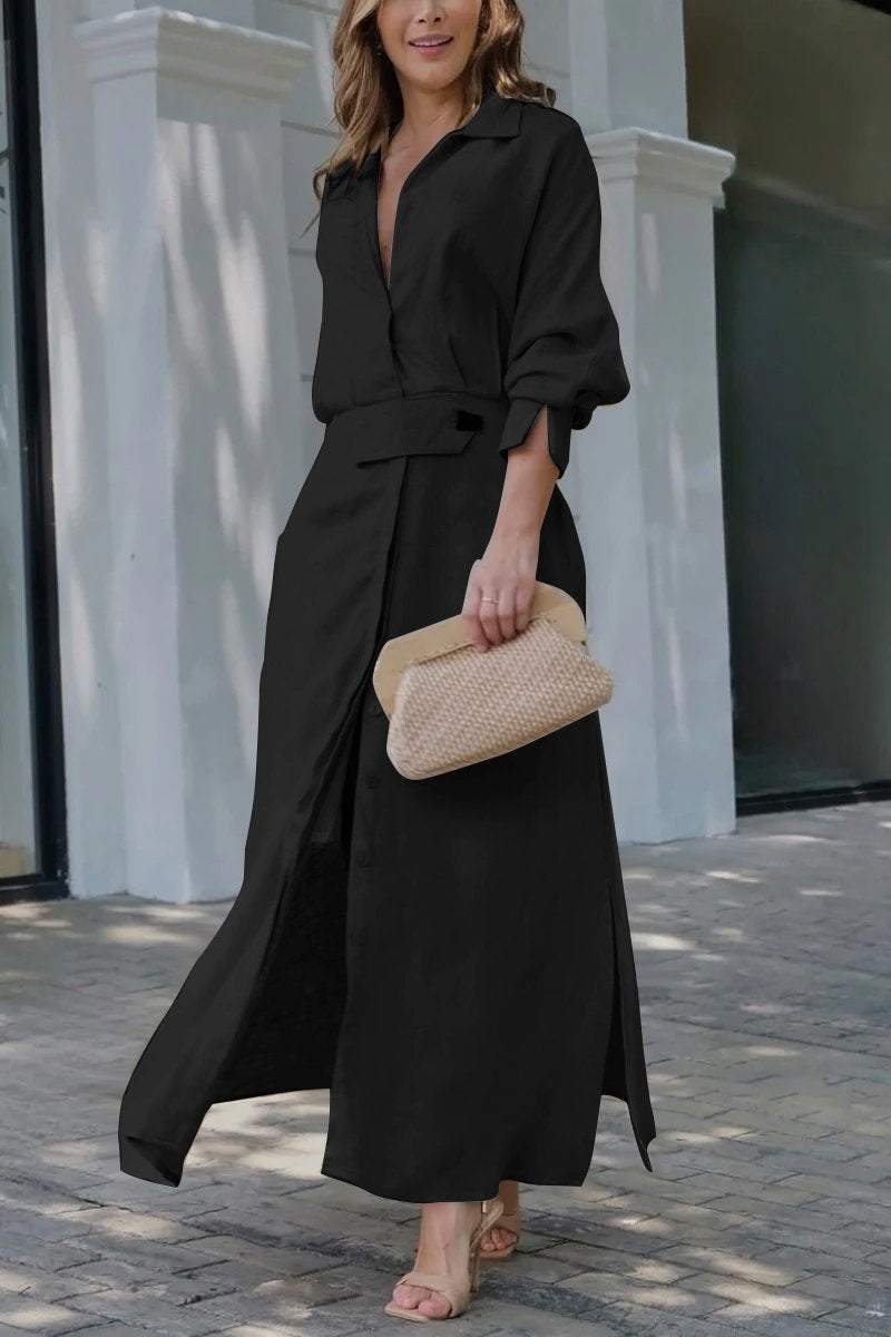 Dames maxi-jurk met v-hals en lange mouw