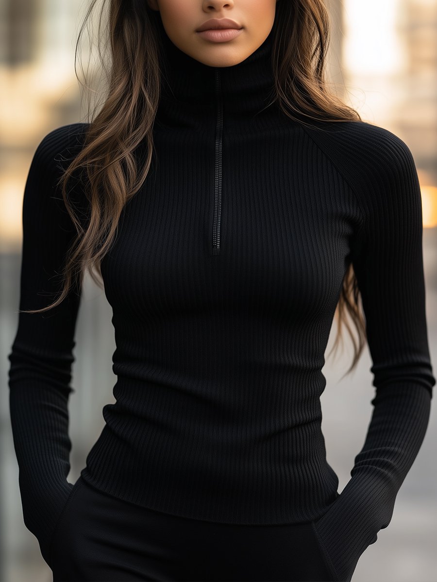 Zwarte Geribde Coltrui met Ritsdetail – Elegant & Comfortabel