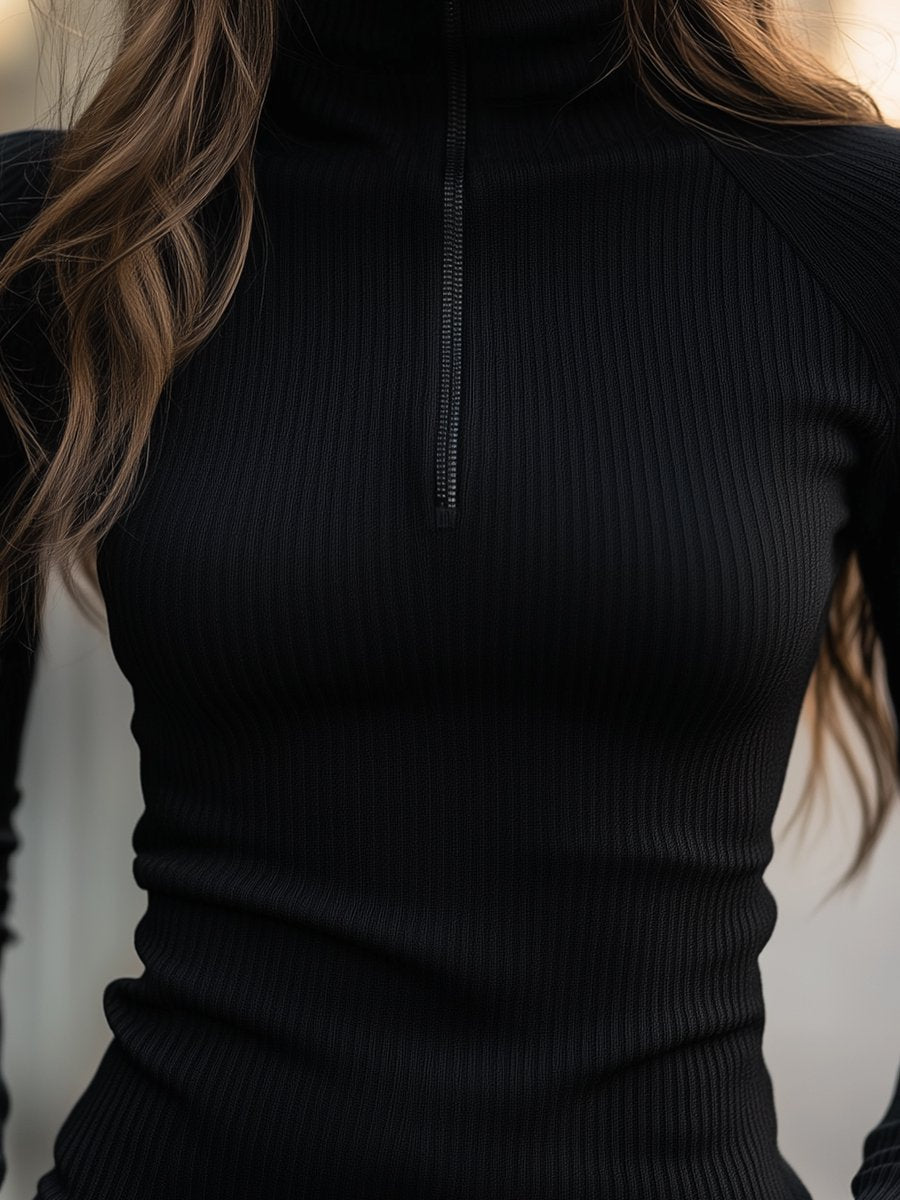 Zwarte Geribde Coltrui met Ritsdetail – Elegant & Comfortabel