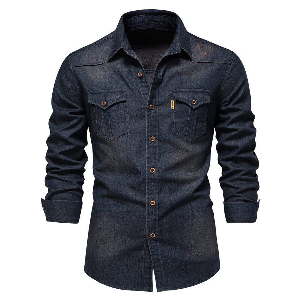 Julian | Casual denim herenoverhemd in de kleur Marineblauw voor heren in Heritage stijl ideaal voor de herfst.