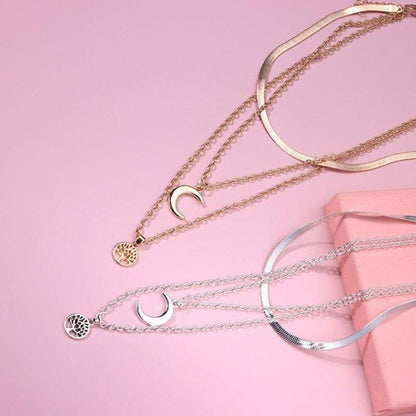 Ketting Levensboom Halve Maan Zilverkleurig Gelaagd
