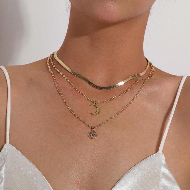 Ketting Levensboom Halve Maan Zilverkleurig Gelaagd - Mode Vibes