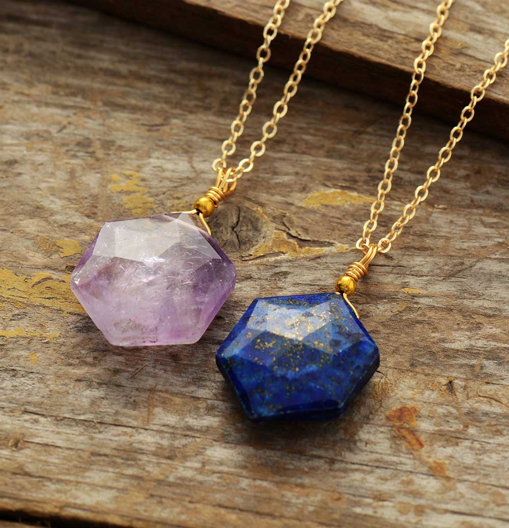 Blauwe Edelsteen Halsketting Lapis Lazuli Zeshoekig Model