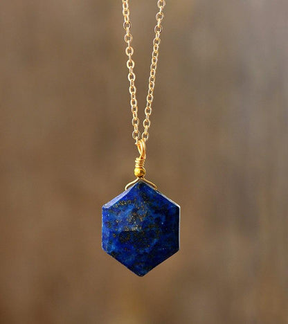 Blauwe Edelsteen Halsketting Lapis Lazuli Zeshoekig Model - Mode Vibes