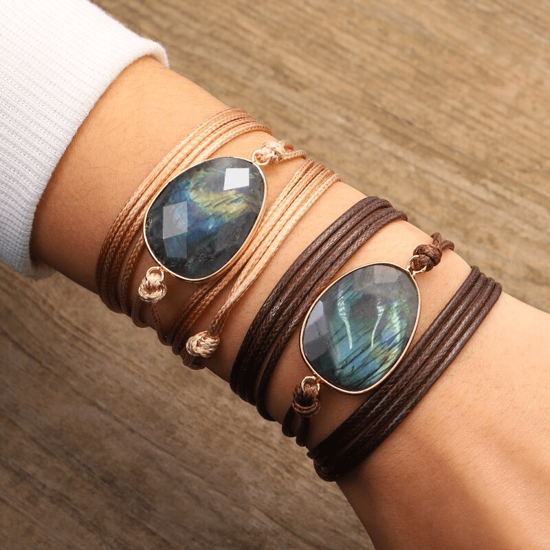 Labradoriet Armband Zilverkleurig Touw Wikkel Design - Mode Vibes
