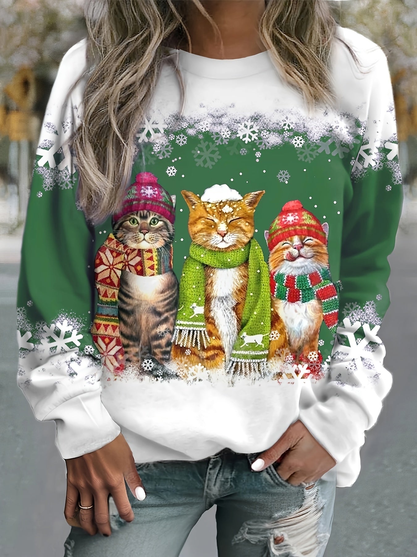 Kerstkatten Sweatshirt Casual Katoen Christmas Design - Mode Vibes