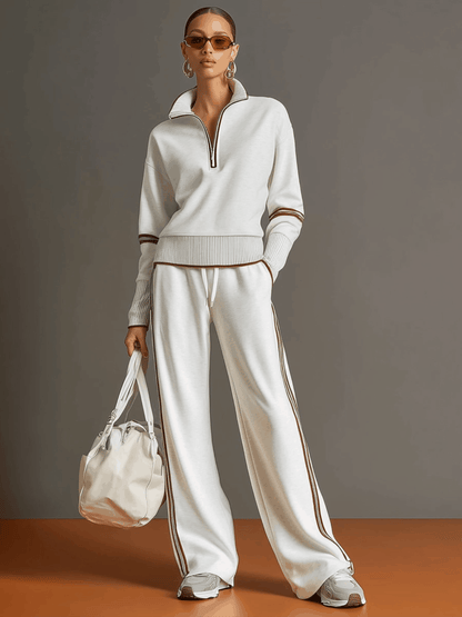 Dames Retro Sportieve Set met Half-Rits Sweater en Wijde Broek