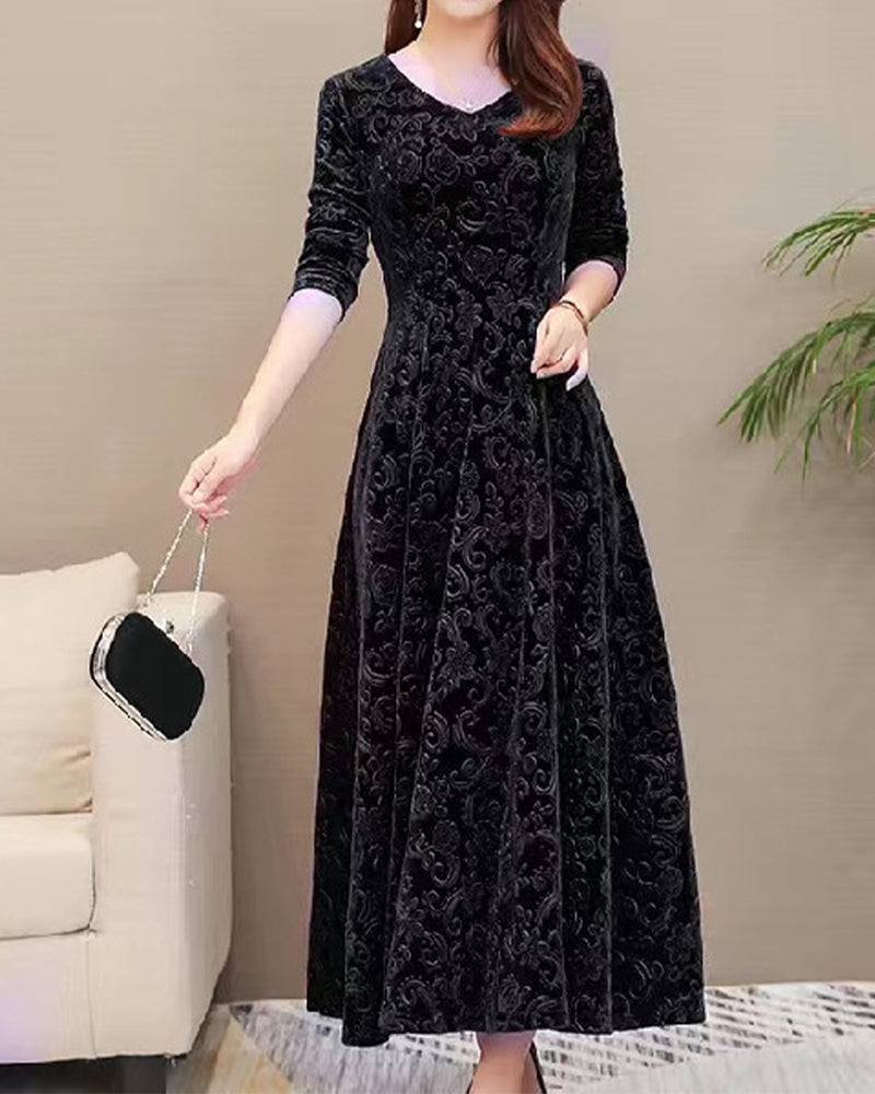 Fluwelen Midi Jurk Lange Mouwen Elegante Vrouwelijke Stijl
