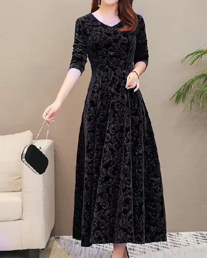 Fluwelen Midi Jurk Lange Mouwen Elegante Vrouwelijke Stijl