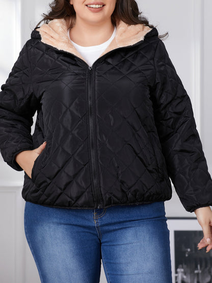 Plus size Gewatteerde Jas met Capuchon Kleurblok Design - Mode Vibes